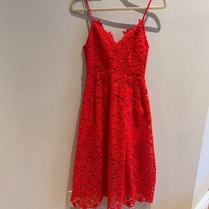 ASTR the label red/orange midi dress with lace cutout on top